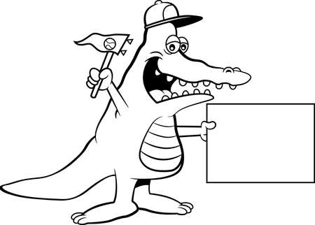 Black and white illustration of an alligator wearing a baseball cap and holding a pennant and a sign.のイラスト素材