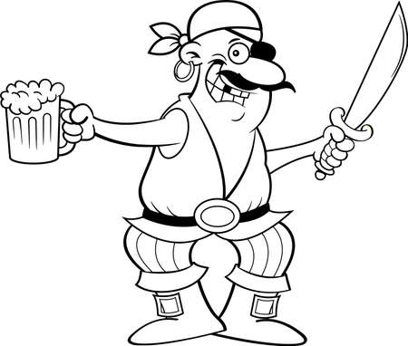 Black and white illustration of a pirate holding a sword and a beer mug.のイラスト素材