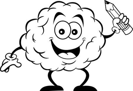 Black and white illustration of a brain smiling while holding a pencil.のイラスト素材