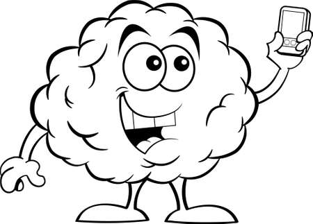 Black and white illustration of a smiling brain taking a picture with a cell phone.のイラスト素材