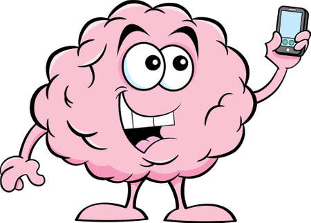 Cartoon illustration of a smiling brain taking a picture with a cell phone.のイラスト素材