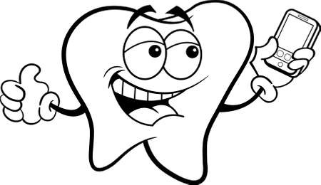 Black and white illustration of a smiling tooth taking a picture with a cell phone.のイラスト素材