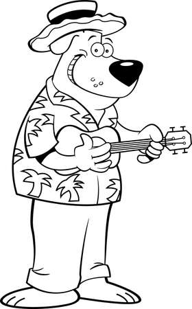 Black and white illustration of a happy dog playing a ukulele while wearing a hat.のイラスト素材