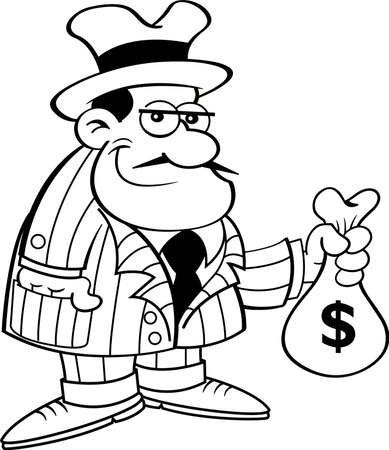 Black and white illustration of a criminal in a suit holding a bag of money.のイラスト素材