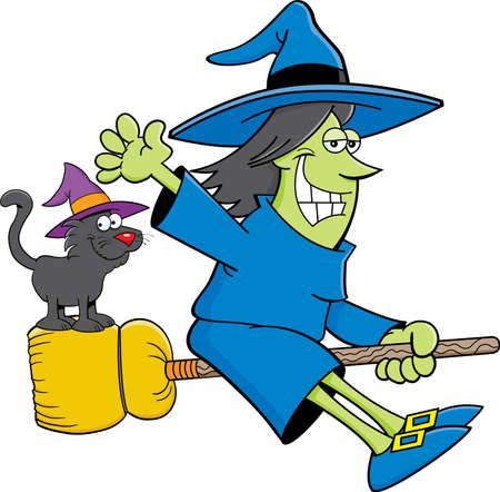 Cartoon illustration of a witch riding a broom with a cat while she is waving.のイラスト素材
