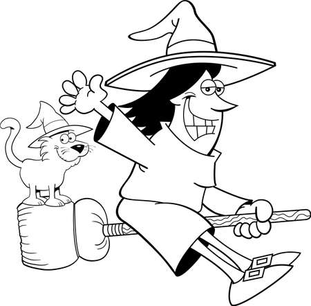 Black and white illustration of a witch riding a broom with a cat while she is waving.のイラスト素材