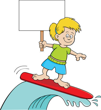 Cartoon illustration of a girl riding a surfboard while holding a sign.のイラスト素材