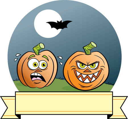 Cartoon illustration of two Jack O Lanterns under a full moon with a flying bat and a banner.のイラスト素材