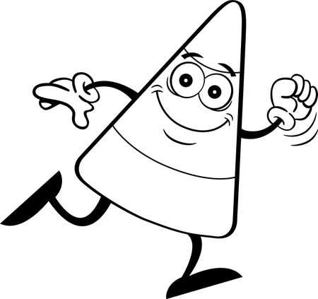Black and white illustration of a smiling candy corn running.のイラスト素材