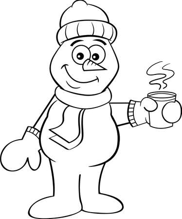Black and white illustration of a smiling snowman holding a steaming cup of coffee.のイラスト素材