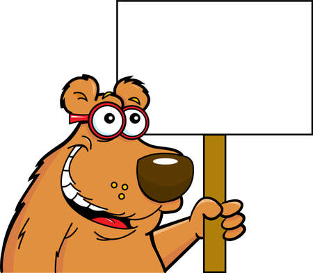 Cartoon illustration of a smiling bear wearing glasses holding a sign.のイラスト素材