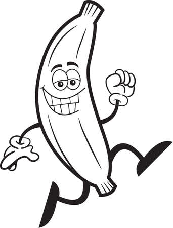 Black and white illustration of a smiling banana running.のイラスト素材