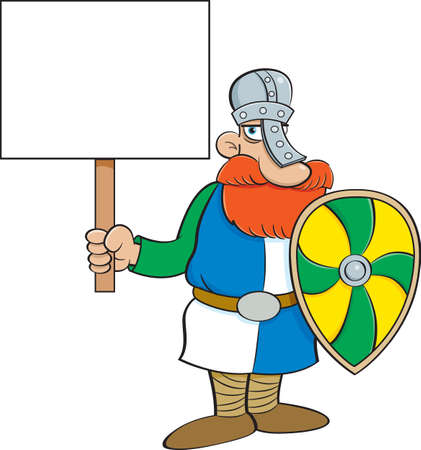 Cartoon illustration of a Norman knight holding a shield and a large sign.のイラスト素材