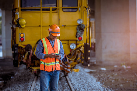 Engineer railway under  checking construction process train testing and checking railway work on...