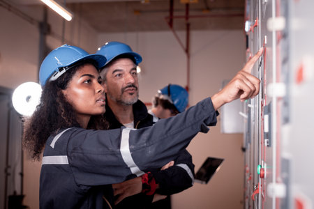 Portrait of an African-American female engineer and a male supervisor discussing over a wall panel in a warehouseの写真素材