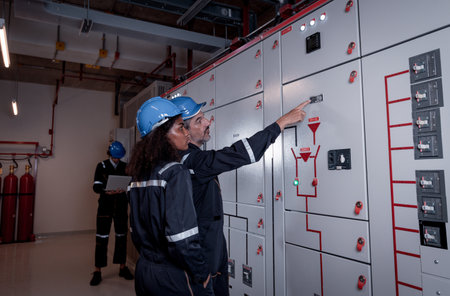 Side view of an African-American woman in a safety helmet standing by a wall of electrical boxes in a factoryの写真素材
