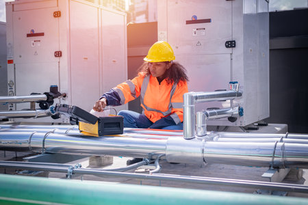 Female engineer working on a heating system in a factory. Industrial backgroundの写真素材