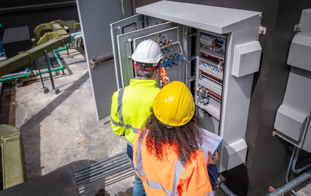 High angle view of engineer and technician working in industrial plant with control panel