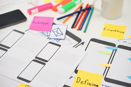 Creative top view photo of UX UI designer working space. User experience concept.