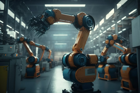 Robotic arms in a factory. Robotics in industry concept. Generative AI.の素材