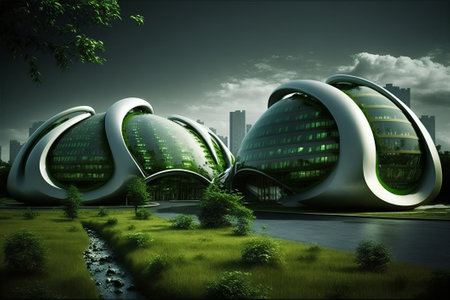 A futuristic eco-friendly city. The innovations of an eco-friendly metropolis. Green technology concept. Generative AI.の素材