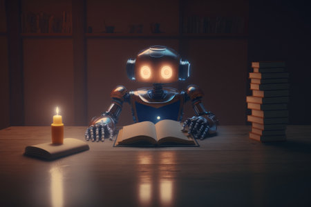 The robot reading a book under candlelight. AI machine learning concept..の素材