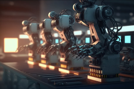 Robotic arms in a factory. Robotics in industry concept. Generative AI.の素材