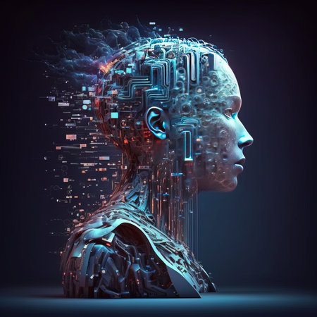 Human face outline outline with circuit board and data flow. Machine learning concept. Generative AI.の素材