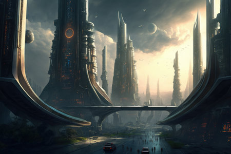 Futuristic cityscape creative concept. Generative AI.の素材