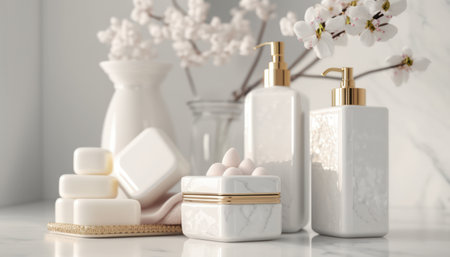 Cosmetic products for body care are displayed beautifully in elegant soft light in a white bathroom interior with a modern style. selective focus. Generative AI.の素材
