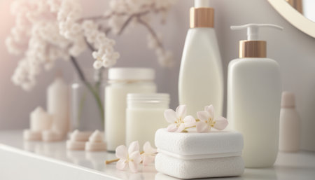 Cosmetic products for body care are displayed beautifully in elegant soft light in a white bathroom interior with a modern style. selective focus. Generative AI.の素材