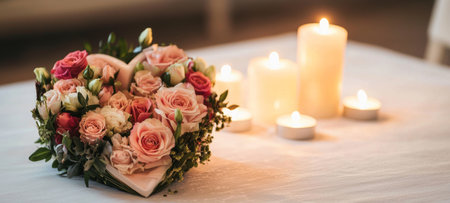 A Heart shaped floral centerpiece with soft lighting and candles on tableの素材
