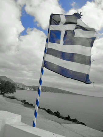 A Greek flag flying on Santorini Greece.の素材