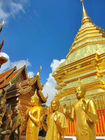 Golden Buddha statues with golden chedi at Wat Phra That Doi Suthep Chiang Mai Thailand.の素材