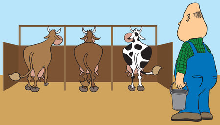 A cartoon dairy farmer is getting ready to do some milkingのイラスト素材