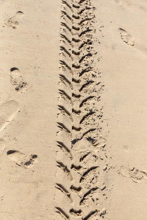 A close up view of a tractor's tyre tracks left behind in the beach sand, with people's footprints on either sideの写真素材
