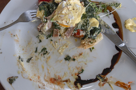 A close up view of a half finshed plate of food with the knife and fork on either side as to sugested that the person is still eatingの写真素材