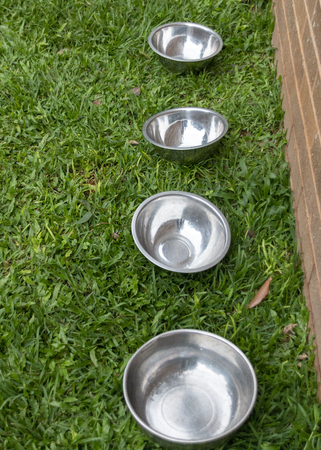 A close uop view of four silver metal bowls in a line on the grass outside in the gardenの写真素材