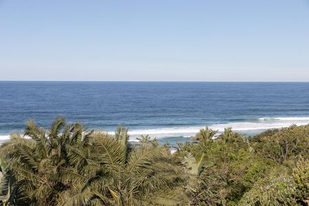 A view of the sea just over the bush that surround the sandy beach shoreの写真素材