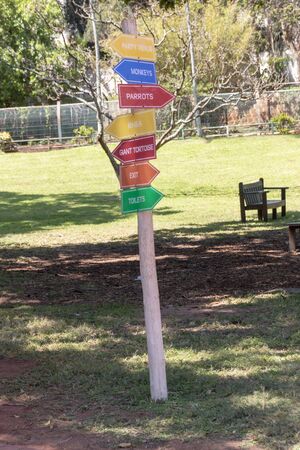 A close up view of a poles showing all areas of interest in different coloured signsの写真素材