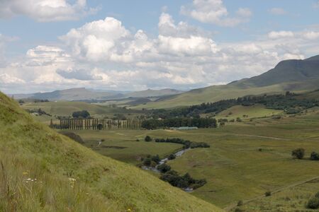 a close up view of the landscape of the mountians along the lesotho boarder in South Africaの写真素材