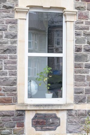 a close up view of inside a home window with a world globe and plant in the window の写真素材