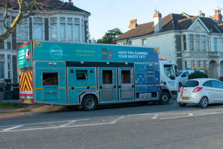 Bristol-March 2020-England-a close up view of a recycling collections truck picking up its weekly loadsのeditorial素材