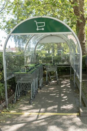 Bristol-May-2020-England-a close up view of a shopping trolly bay where the trolly are kept outside...