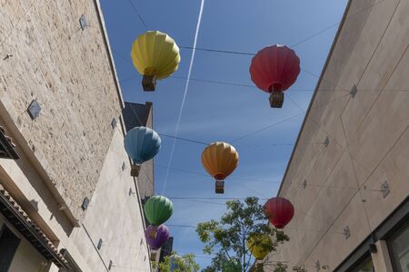 Bristol-May-2020-England-a close up view of the hot air ballons that are permanently attached to the entrance of the cabot curcus shopping center の写真素材