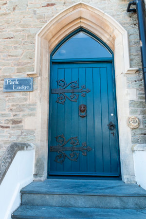 Ilfracombe-England-August 2022-A close up of a bright blue door.の写真素材