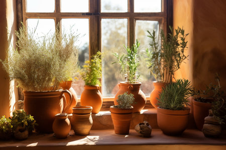 Pot plants on a window sill with the soft summer sun behind themの素材