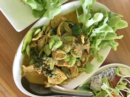 Stir Fried Pork with Stink Bean in yellow curry paste.の写真素材