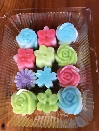 Colorful flower-shaped coconut milk jelly in Thailand.の写真素材