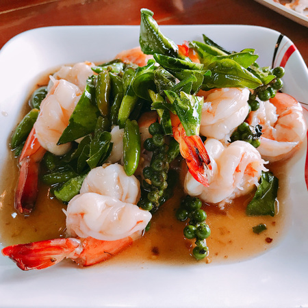 Stir fried shrimps with fresh chili and pepper.の写真素材
